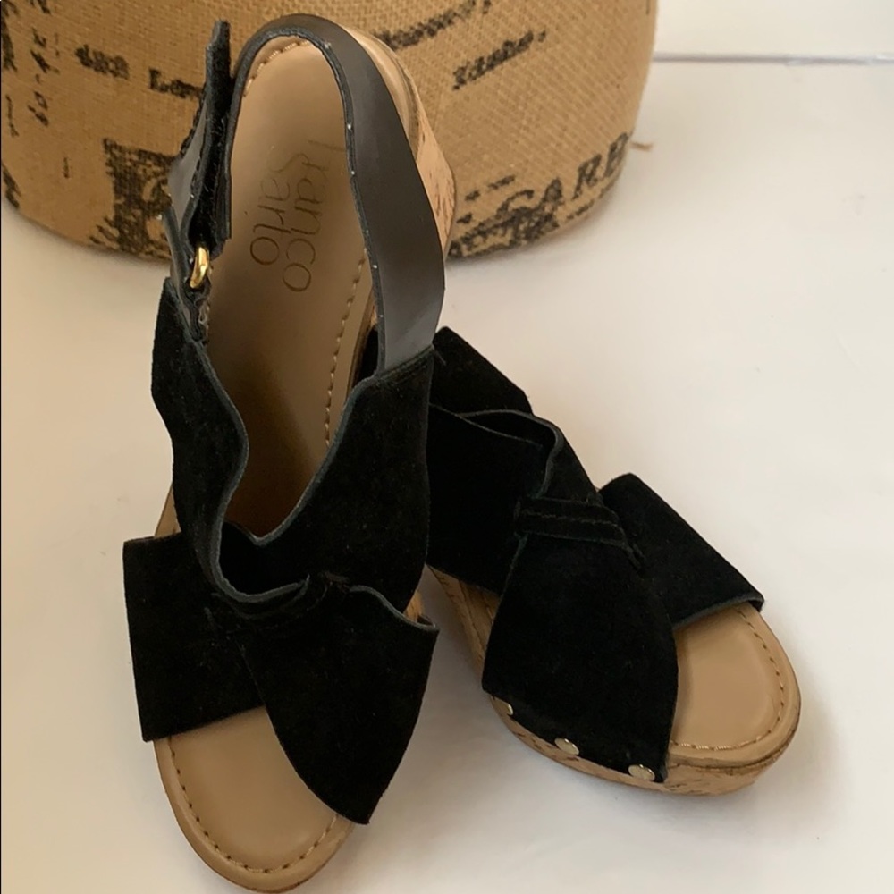 Franco Sarto Cork Heel Black Open Toe Size 7